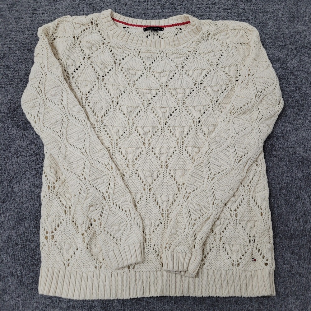 Tommy Hilfiger Sweater Womens Size M Ivory Cotton Pointelle Open Knit Crewneck